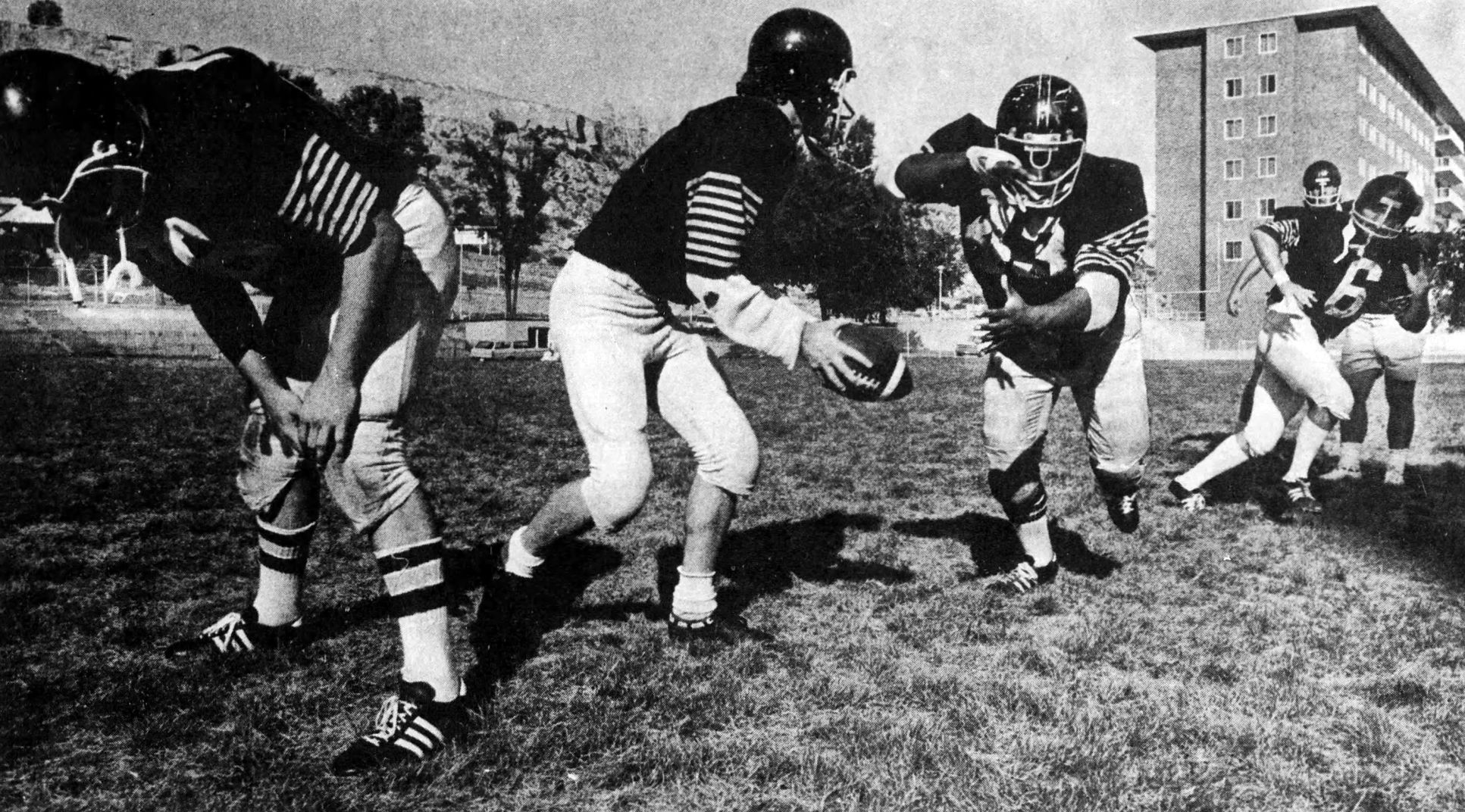Football practice at Eastern Montana College, 1973